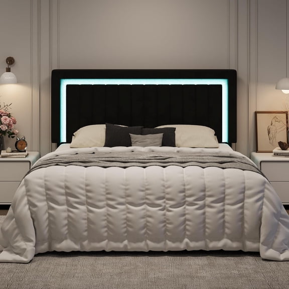 SHA CERLIN King Size Velvet Bed Frame with LED Light, Adjustable Vertical Channel Tufted Headboard, Strong Wooden Slats Support, Noise-Free, No Box Spring Needed, Black