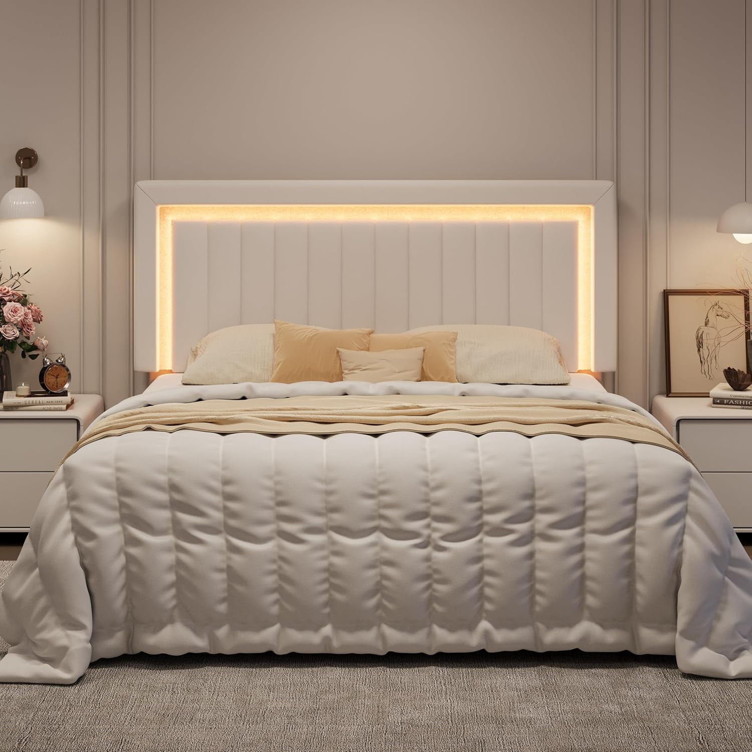 SHA CERLIN King Size Velvet Bed Frame with LED Light, Adjustable Vertical Channel Tufted Headboard, Strong Wooden Slats Support, Noise-Free, No Box Spring Needed, White