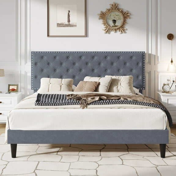 SHA CERLIN King Size Velvet Upholstered Bed Frame with Adjustable Diamond Button Tufted Headboard, Rivet Ornament, Grey