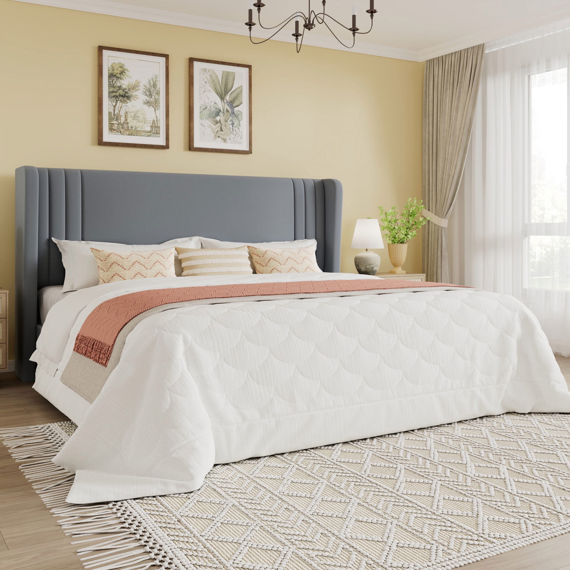 SHA CERLIN King Size Velvet Upholstered Platform Bed Frame with Vertical Channel Tufted Wingback Headboard, Wooden Slats Support, Easy Assembly, Under Bed Storage, No Box Spring Required, Grey