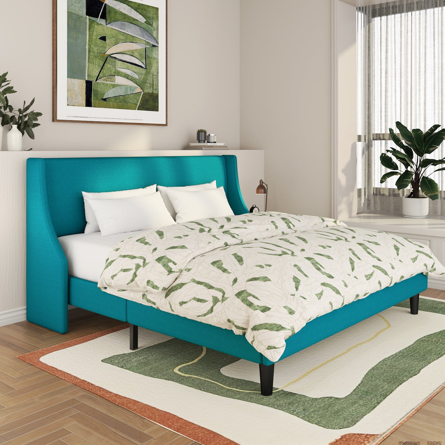 SHA CERLIN King Upholstered Platform Bed Frame with Wingback Headboard, Blue, Adults