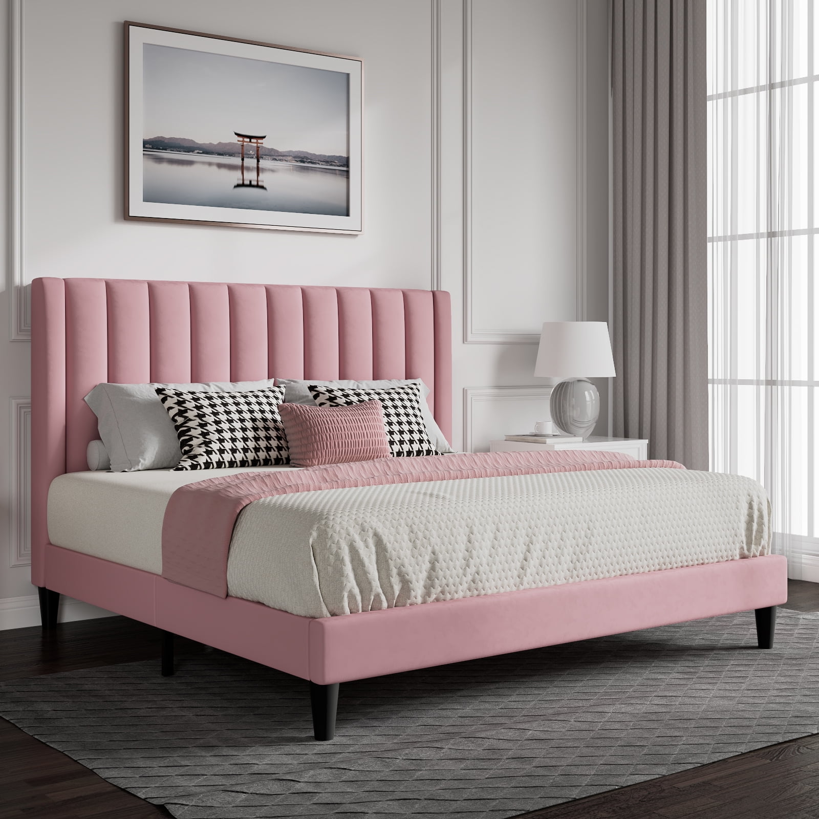 SHA CERLIN King Velvet Platform Bed Frame with Vertical Channel