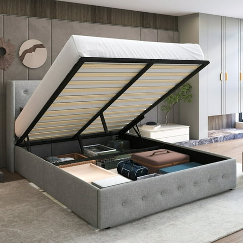 Sha Cerlin Full Size Lift up Hydraulic Large Storage Platform Bed Frame with Fabric Upholstered Button Tufted Wingback Headboard, Light Gray