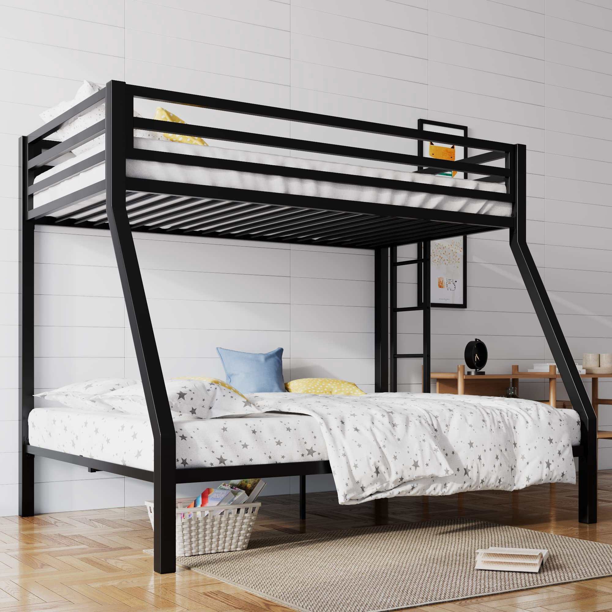 SHA CERLIN Loft Bunk Bed Twin Over Full Size with Ladder and Guardrail