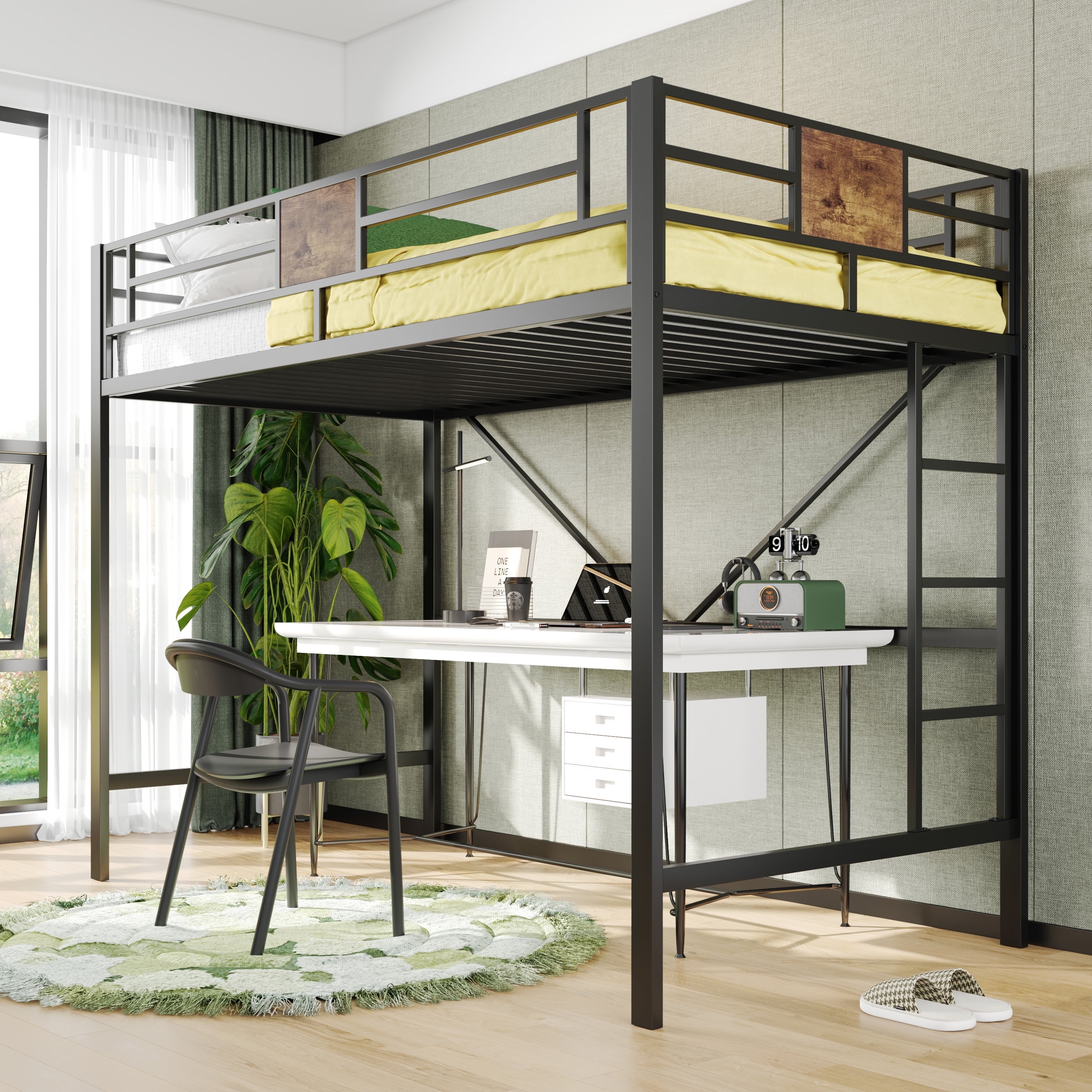 Black Metal Twin Loft Bed Frame with Stairs and Guardrail