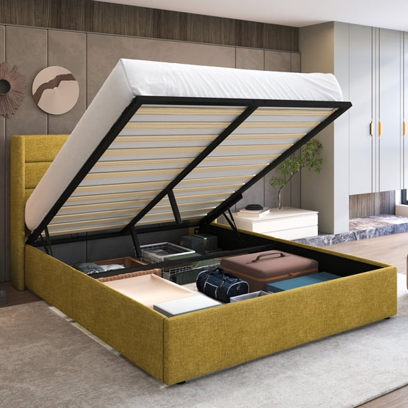 Sha Cerlin Full Size Lift Up Hydraulic Storage Bed Frame, Platform Bed with Fabric Upholstered Wingback Headboard, No Box Spring Needed, Olive Yellow