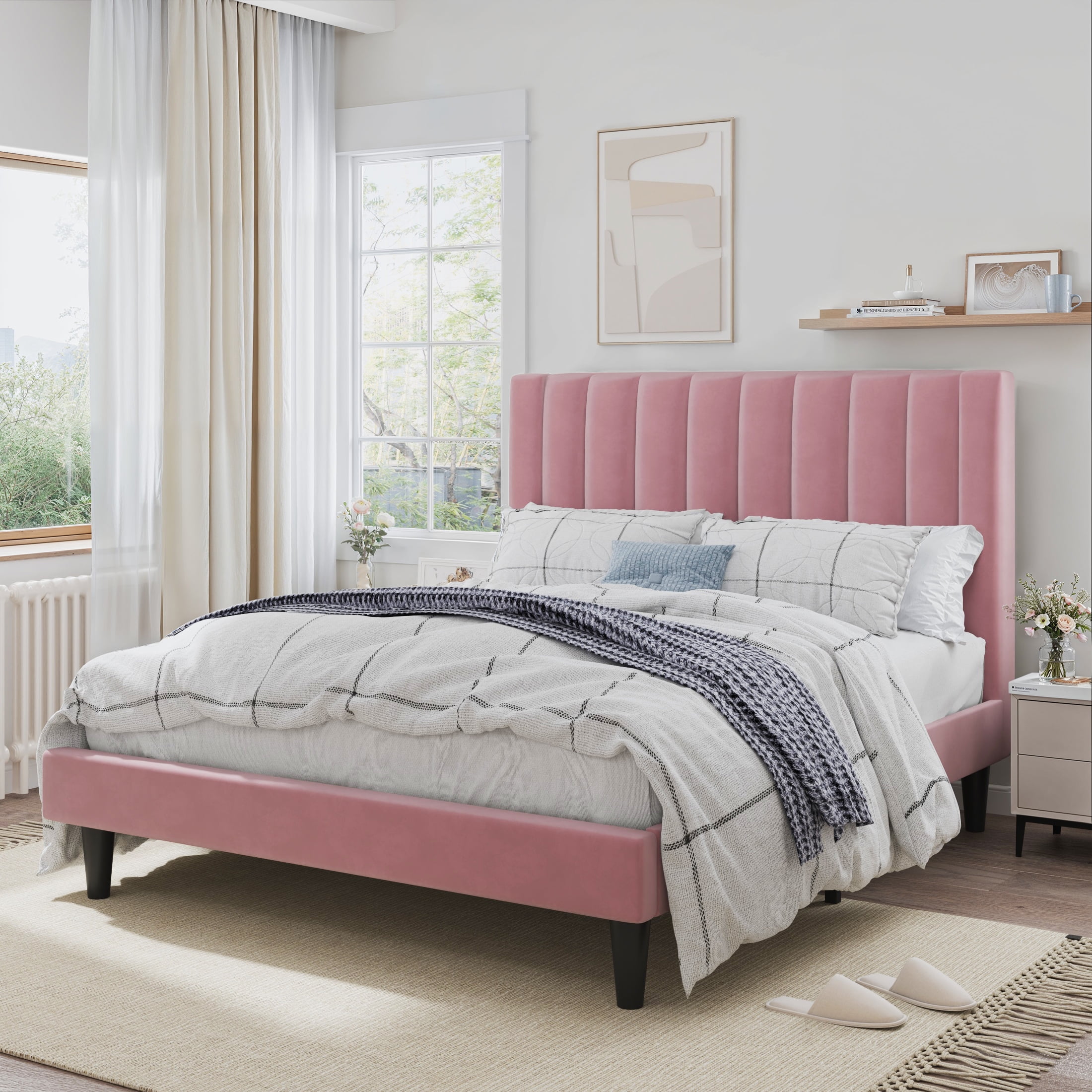 SHA CERLIN Pink Full Size Platform Bed Frame with Velvet Vertical Channel Headboard, Adult SHA CERLIN Pink Full Size Platform Bed Frame with Velvet Vertical Channel Headboard, Adult