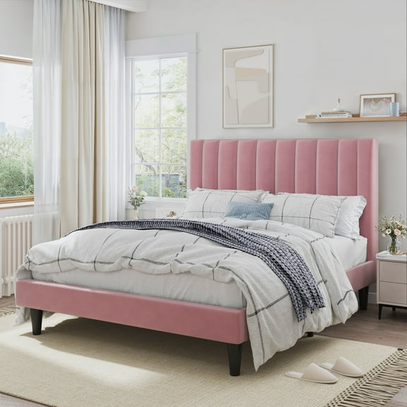 SHA CERLIN Pink Full Size Platform Bed Frame with Velvet Vertical Channel Headboard, Adult
