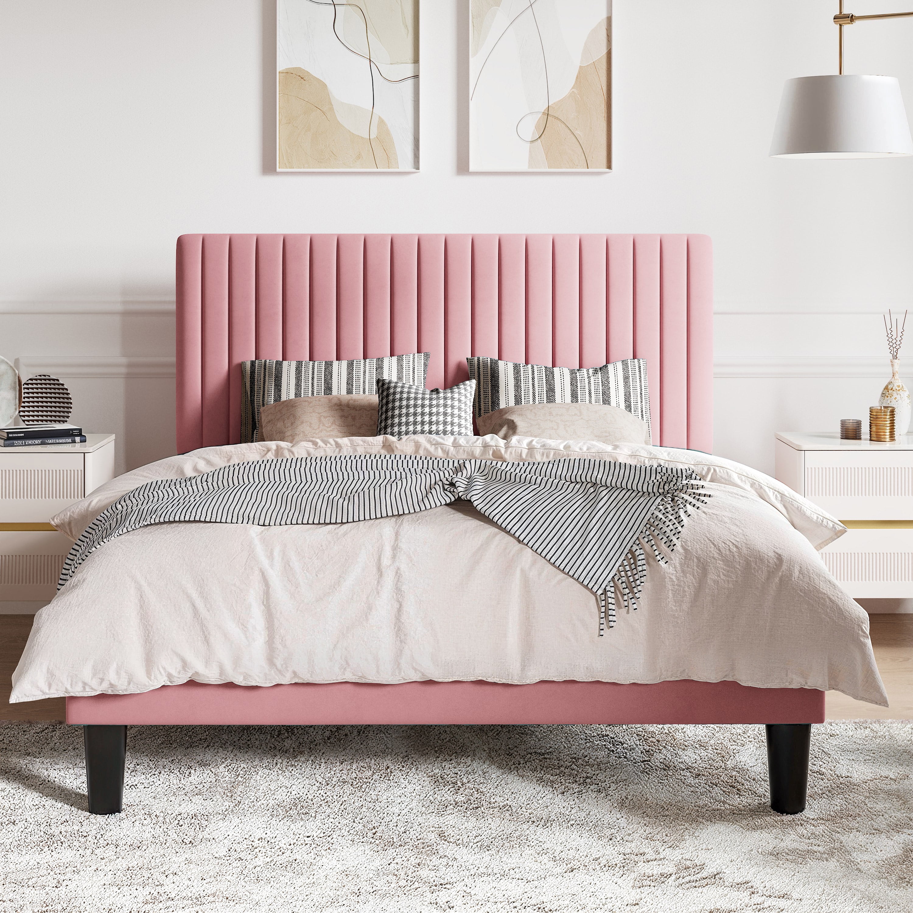 SHA CERLIN Pink Full Size Upholstered Platform Bed Frame with Adjustable Channel Velvet Headboard