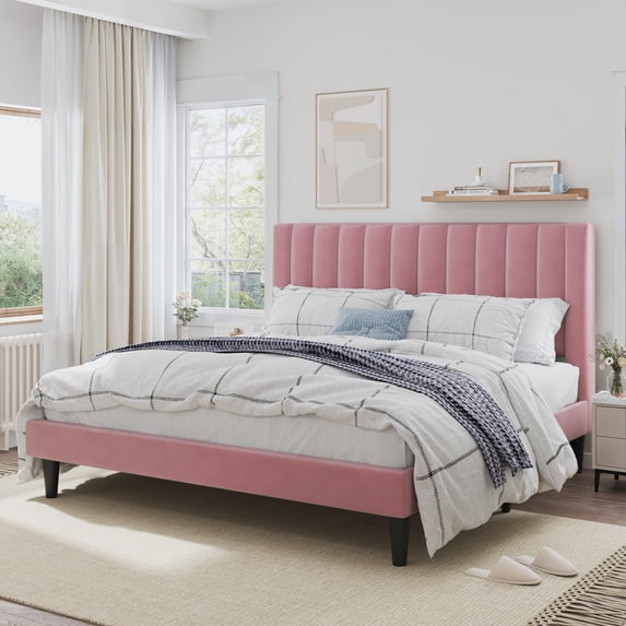 SHA CERLIN Pink King Size Platform Bed Frame with Velvet Vertical Channel Headboard, Adult