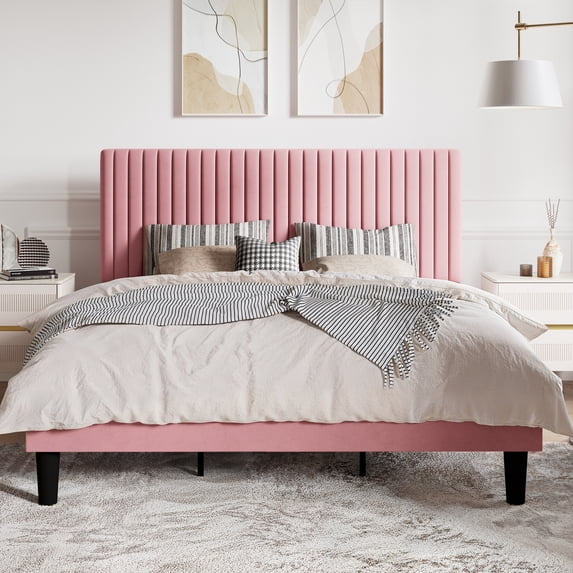 SHA CERLIN Pink King Size Upholstered Platform Bed Frame with Adjustable Channel Velvet Headboard