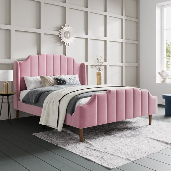 SHA CERLIN Pink Queen Size Platform Bed Frame with Velvet Upholstered Wingback Headboard, Adults