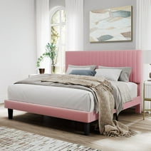 SHA CERLIN Pink Queen Size Upholstered Platform Bed Frame with Adjustable Velvet Channel Headboard