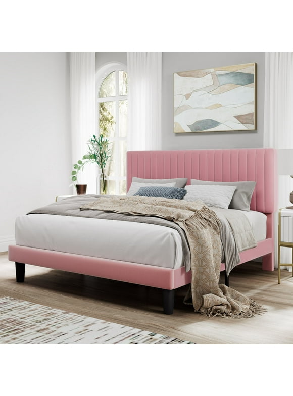 SHA CERLIN Pink Queen Size Upholstered Platform Bed Frame with Adjustable Velvet Channel Headboard
