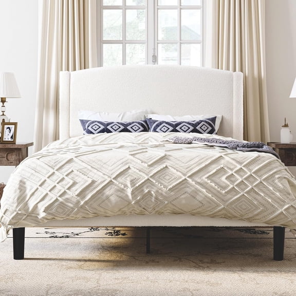 SHA CERLIN Queen Bed Frame with Soft Teddy Fabric, Boucle Upholstered Platform Bed, Curved Headboard Design, Wooden Slats Support, Noise-Free, No Box Spring Needed, Easy Assembly, White