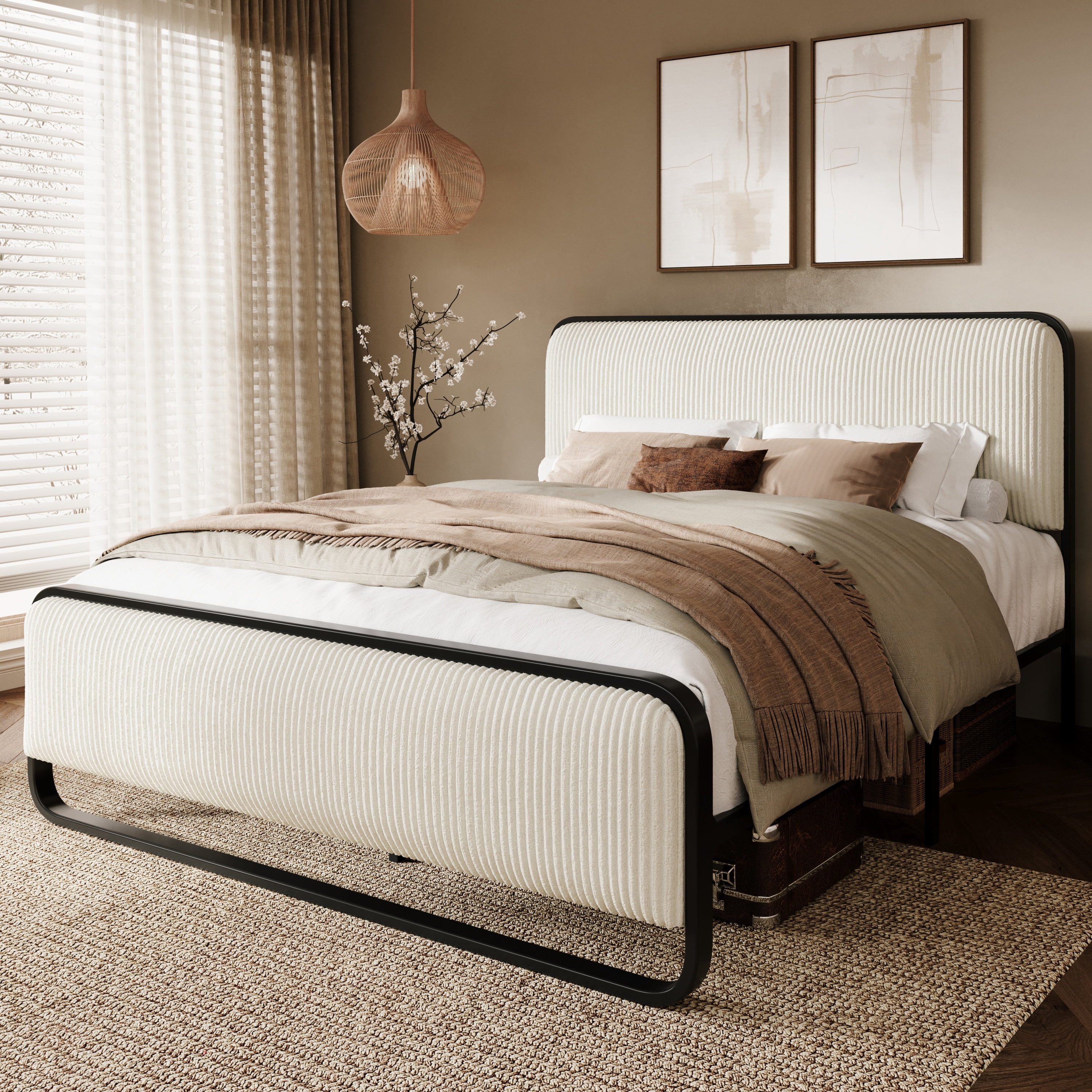 SHA CERLIN Queen Bed Frame, Upholstered Platform Bed with Velvet Curved Headboard and Footboard, No Box Spring Needed, 1000 LBS Capacity, Cream White
