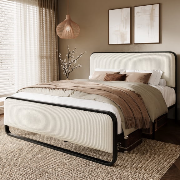 SHA CERLIN Queen Bed Frame, Upholstered Platform Bed with Velvet Curved Headboard and Footboard, No Box Spring Needed, 1000 LBS Capacity, Cream White