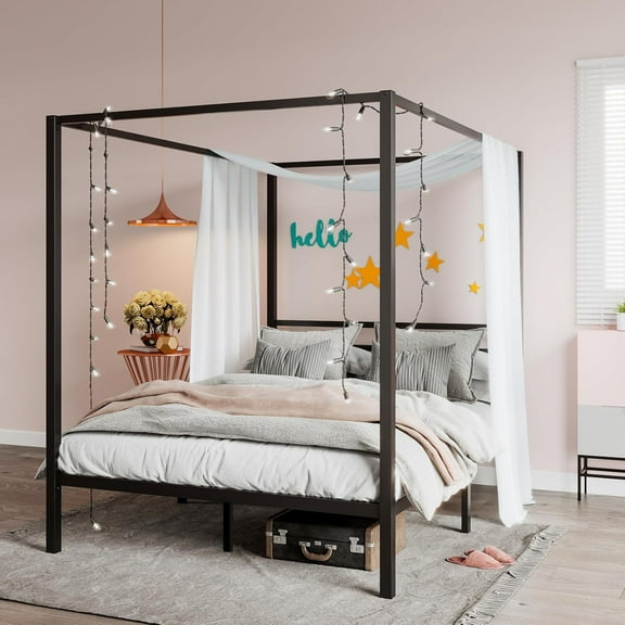 SHA CERLIN Queen Size Canopy Bed Frame with Metal Slats Support, Black