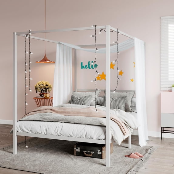 SHA CERLIN Queen Size Canopy Bed Frame with Metal Slats Support, White