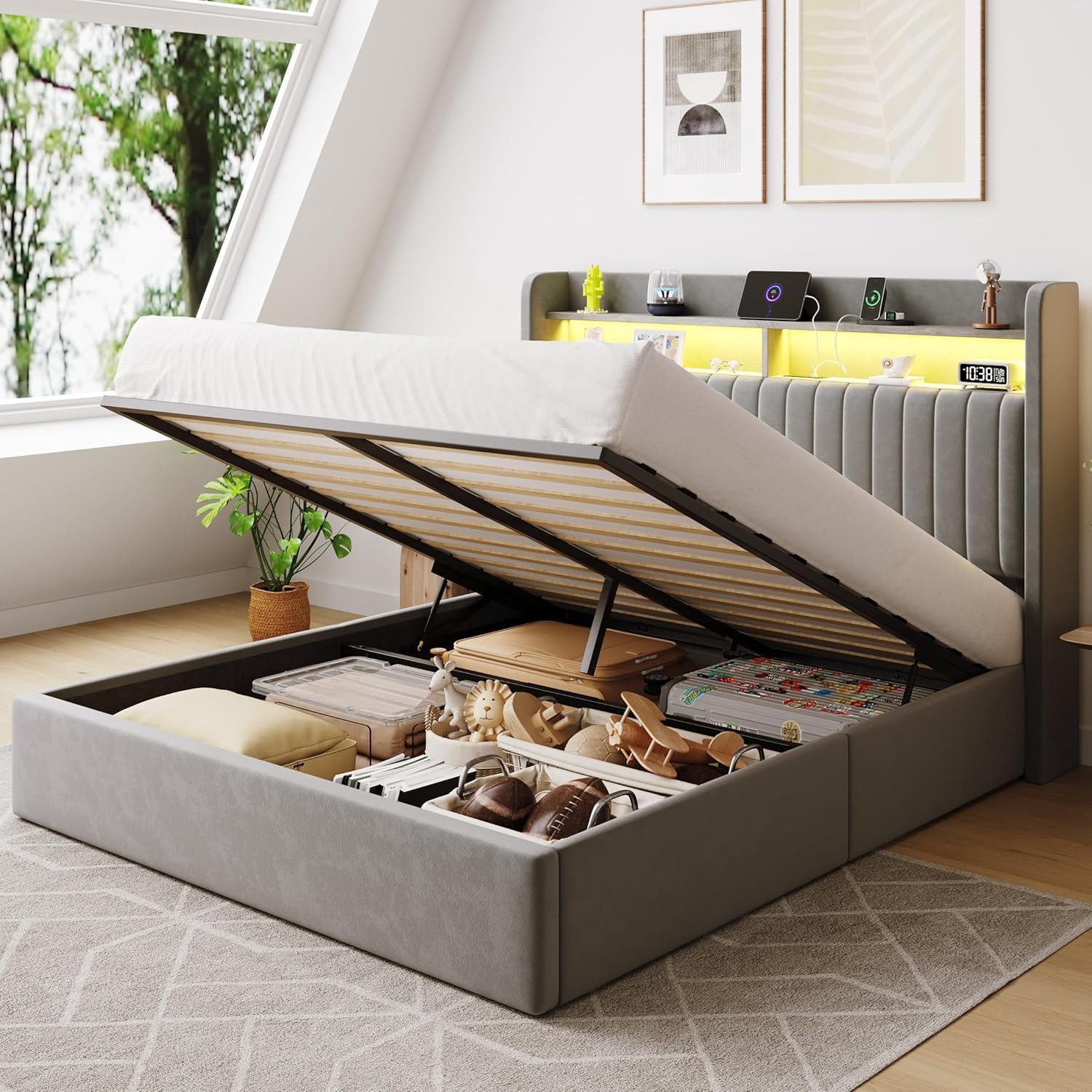 SHA CERLIN Queen Size Lift Up Storage Bed Frame, LED Lights, Charging Station, 2-Tier Shelves Headboard, USB Type-C Ports, Velvet Upholstered, Hydraulic Support, Noise Free, Grey