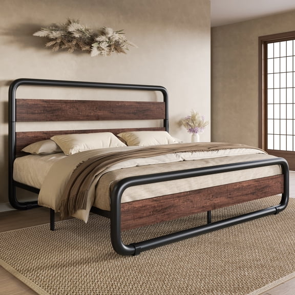 SHA CERLIN Queen Size Metal Bed Frame with Wooden Headboard and Footboard, Heavy Duty Oval-Shaped Platform Bed with Under-Bed Storage, Noise Free, No Box Spring Needed, Black-Brown
