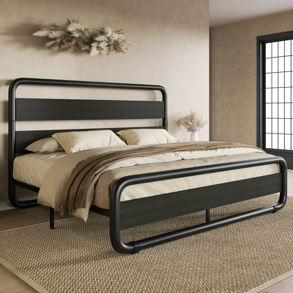 SHA CERLIN Queen Size Metal Bed Frame with Wooden Headboard and Footboard, Heavy Duty Oval-Shaped Platform Bed with Under-Bed Storage, Noise Free, No Box Spring Needed, Black