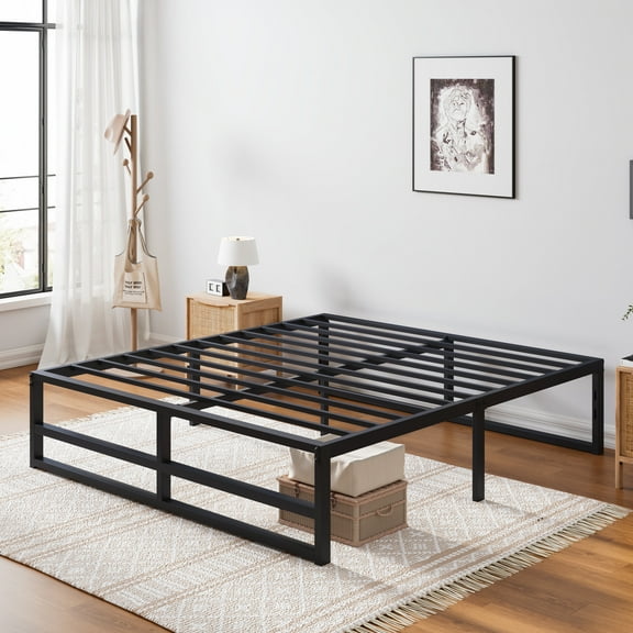 SHA CERLIN Queen Size Metal Platform Bed Frame with 14'' Extra Under-bed Storage Space, No Box Spring Needed, Easy Assembly, Black