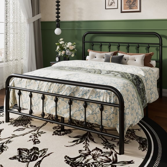 SHA CERLIN Queen Size Metal Platform Bed Frame with Victorian Style Iron-Art Headboard and Footboard, Easy Assembly, Under Bed Storage, No Box Spring Required, Black