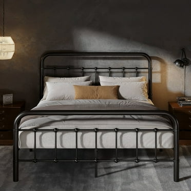 SHA CERLIN Queen Size Metal Platform Bed Frame with Victorian Vintage Headboard & Under-bed Storage, Black
