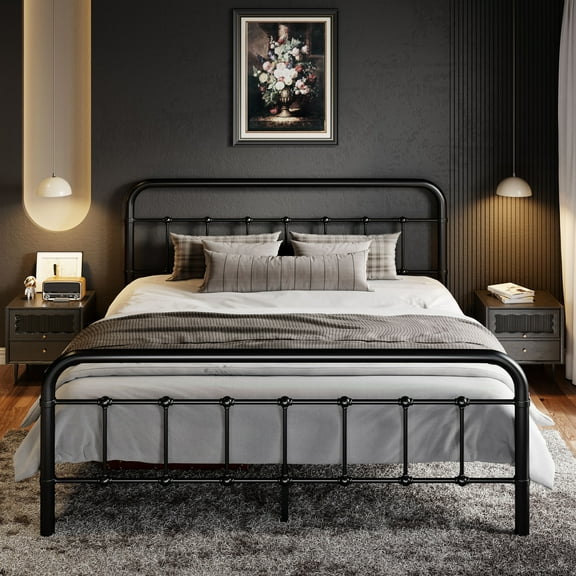 SHA CERLIN Queen Size Metal Platform Bed Frame with Victorian Vintage Headboard & Under-bed Storage, Black