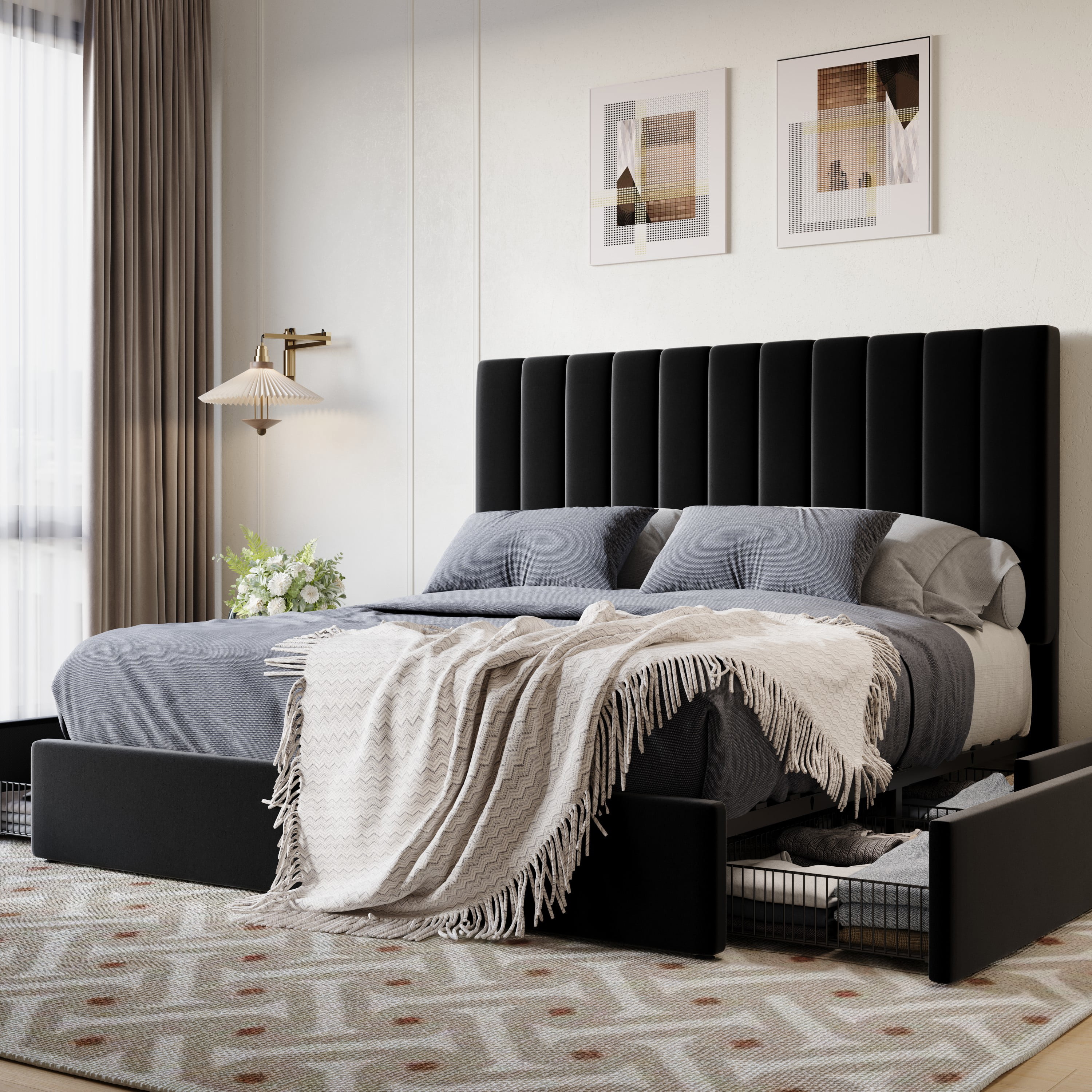 SHA CERLIN Queen Size Platform Bed Frame with 4 Storage Drawers, Vertical Channel Tufted Adjustable Headboard, Velvet Upholstered, Wooden Slats Support, No Box Spring Needed, Black