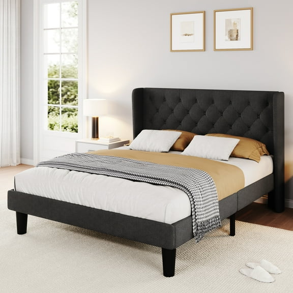 SHA CERLIN Queen Size Platform Bed Frame with Fabric Wingback&Tufted Upholstered Headboard, Dark Grey
