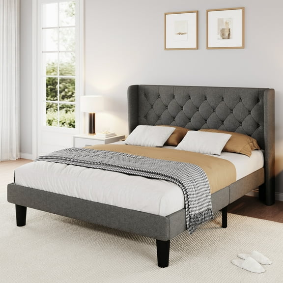 SHA CERLIN Queen Size Platform Bed Frame with Fabric Wingback&Tufted Upholstered Headboard, Light Grey