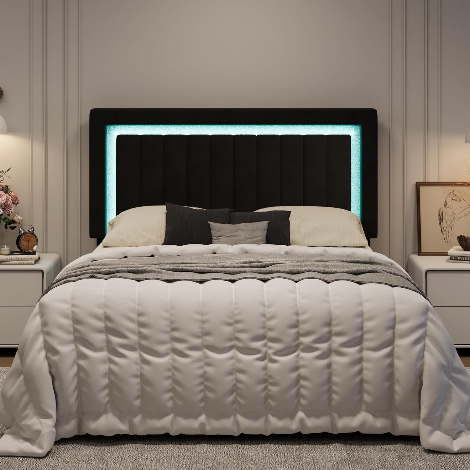 SHA CERLIN Queen Size Velvet Bed Frame with LED Light, Adjustable Vertical Channel Tufted Headboard, Strong Wooden Slats Support, Noise-Free, No Box Spring Needed, Black