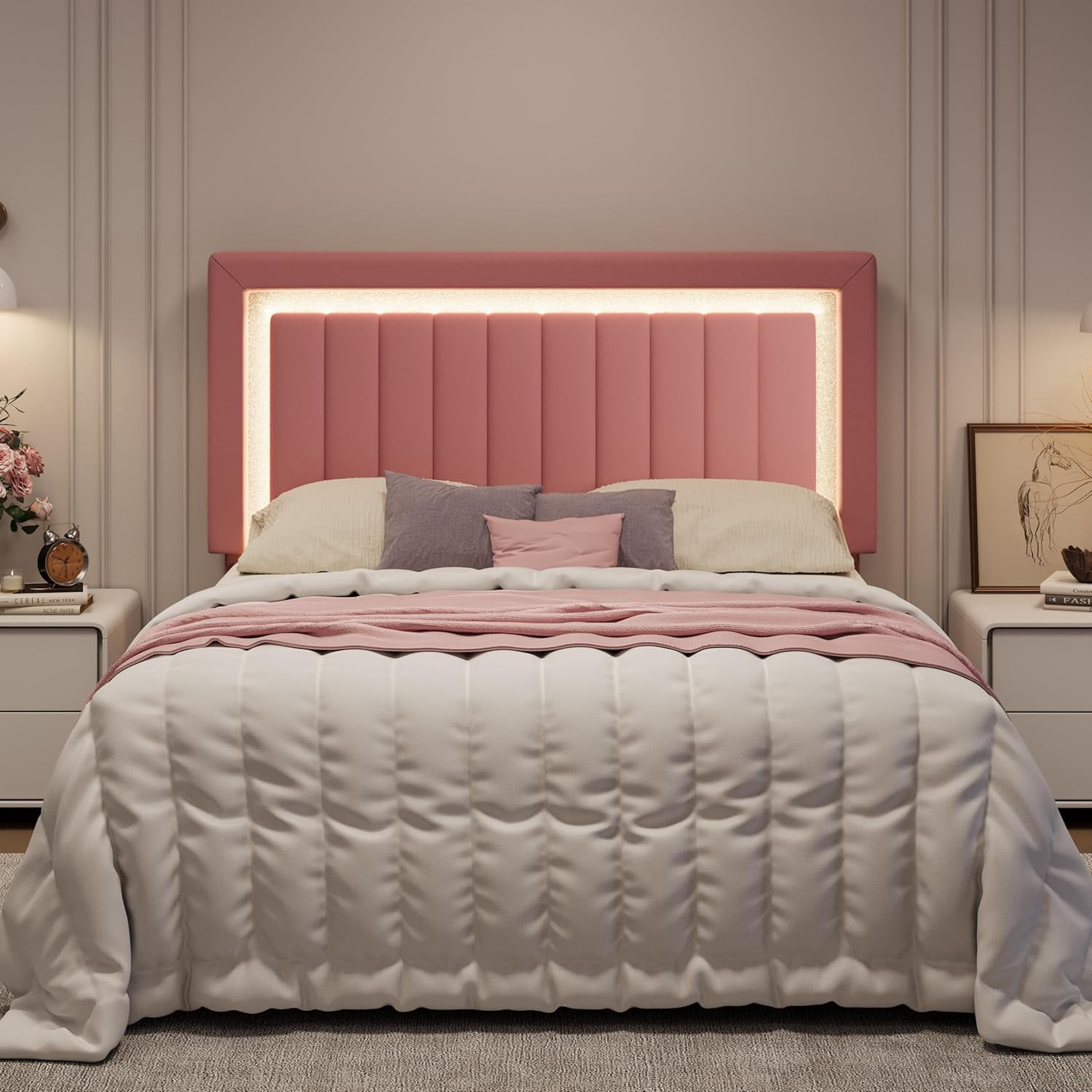 SHA CERLIN Queen Size Velvet Bed Frame with LED Light, Adjustable Vertical Channel Tufted Headboard, Strong Wooden Slats Support, Noise-Free, No Box Spring Needed, Pink