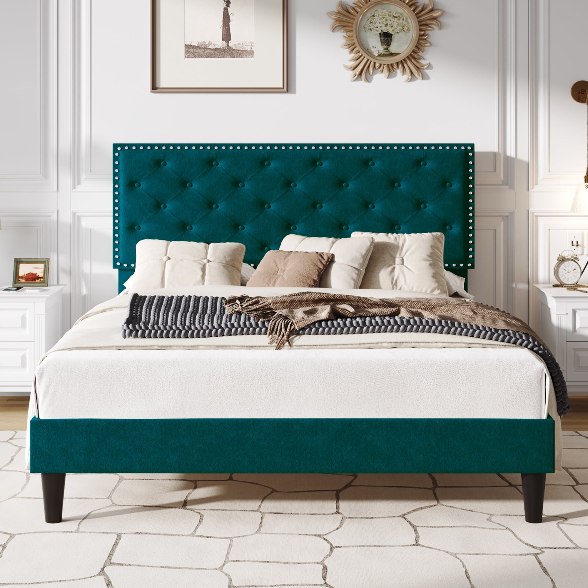SHA CERLIN Queen Size Velvet Upholstered Bed Frame with Adjustable Diamond Button Tufted Headboard Rivet Ornament Teal Blue