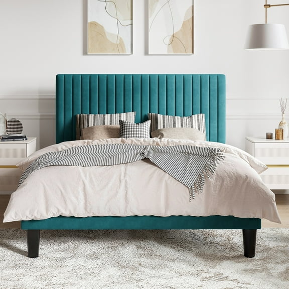 SHA CERLIN Teal Blue Queen Size Upholstered Platform Bed Frame with Velvet Adjustable Channel Headboard, Adult