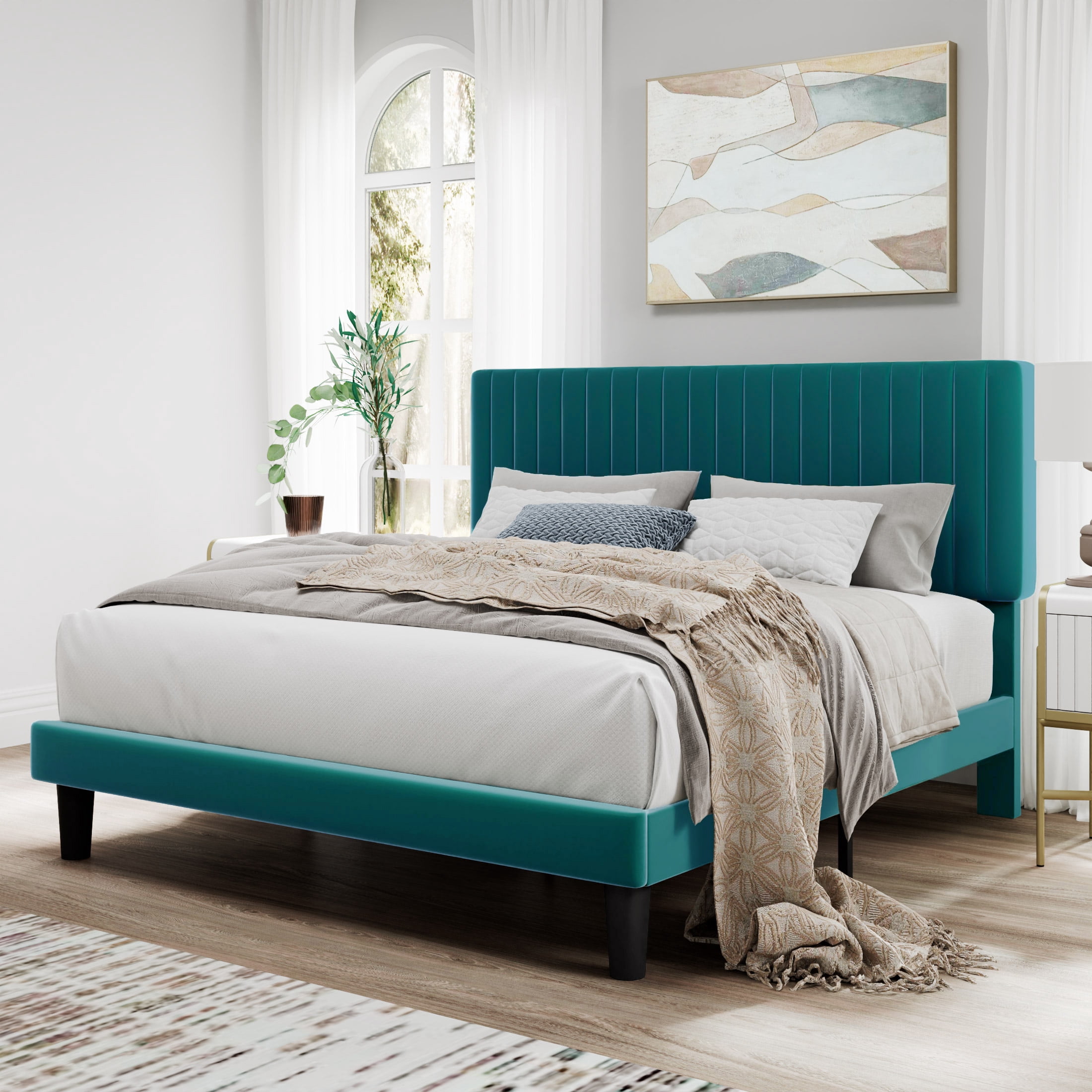 SHA CERLIN Teal Blue Queen Size Upholstered Platform Bed Frame with ...