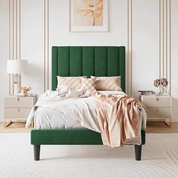 SHA CERLIN Twin Bed Frame/Velvet Upholstered Platform Bed Frame with Headboard/Strong Wood Slats Support/Mattress Foundation/No Box Spring Needed - Green