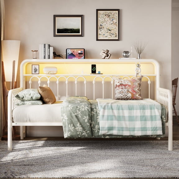 SHA CERLIN Twin Size Daybed, Metal Sofa Bed Frame with Double-Layer Storage Headboard, LED Lighting and USB Charging Ports, Steel Slat Support, White