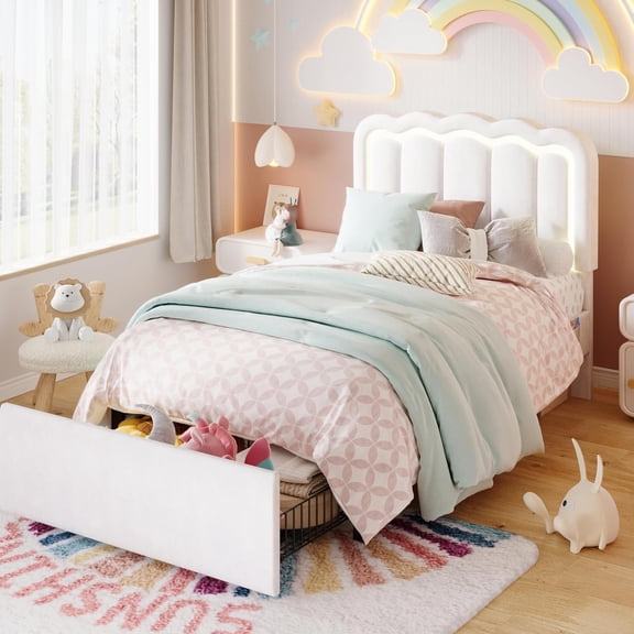 SHA CERLIN Upholstered Twin Size Bed Frame with LED Lights and Large Storage Drawer, Velvet Platform Bed with Adjustable Wavy Headboard, Noise Free, Easy Assembly, No Box Spring Needed, Soft White