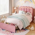 thumbnail image 1 of SHA CERLIN Upholstered Twin Size Bed Frame with LED Lights and Large Storage Drawer, Velvet Platform Bed with Adjustable Wavy Headboard, Noise Free, Easy Assembly, No Box Spring Needed, Soft Pink, 1 of 6