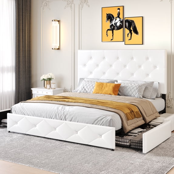 Sha Cerlin White Full Leather Platform Bed Frame with 4 Storage Drawers & Adjustable Headboard, Adult