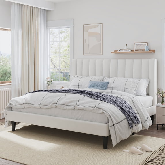SHA CERLIN White King Size Platform Bed Frame with Velvet Channel Headboard, Adult