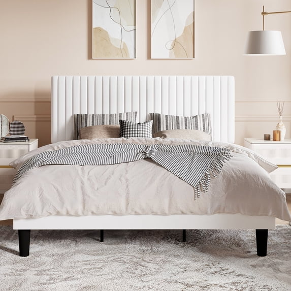 SHA CERLIN White King Size Upholstered Platform Bed Frame with Adjustable Channel Velvet Headboard