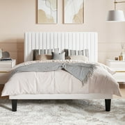 SHA CERLIN White Queen Size Upholstered Platform Bed Frame with Velvet Adjustable Channel Headboard