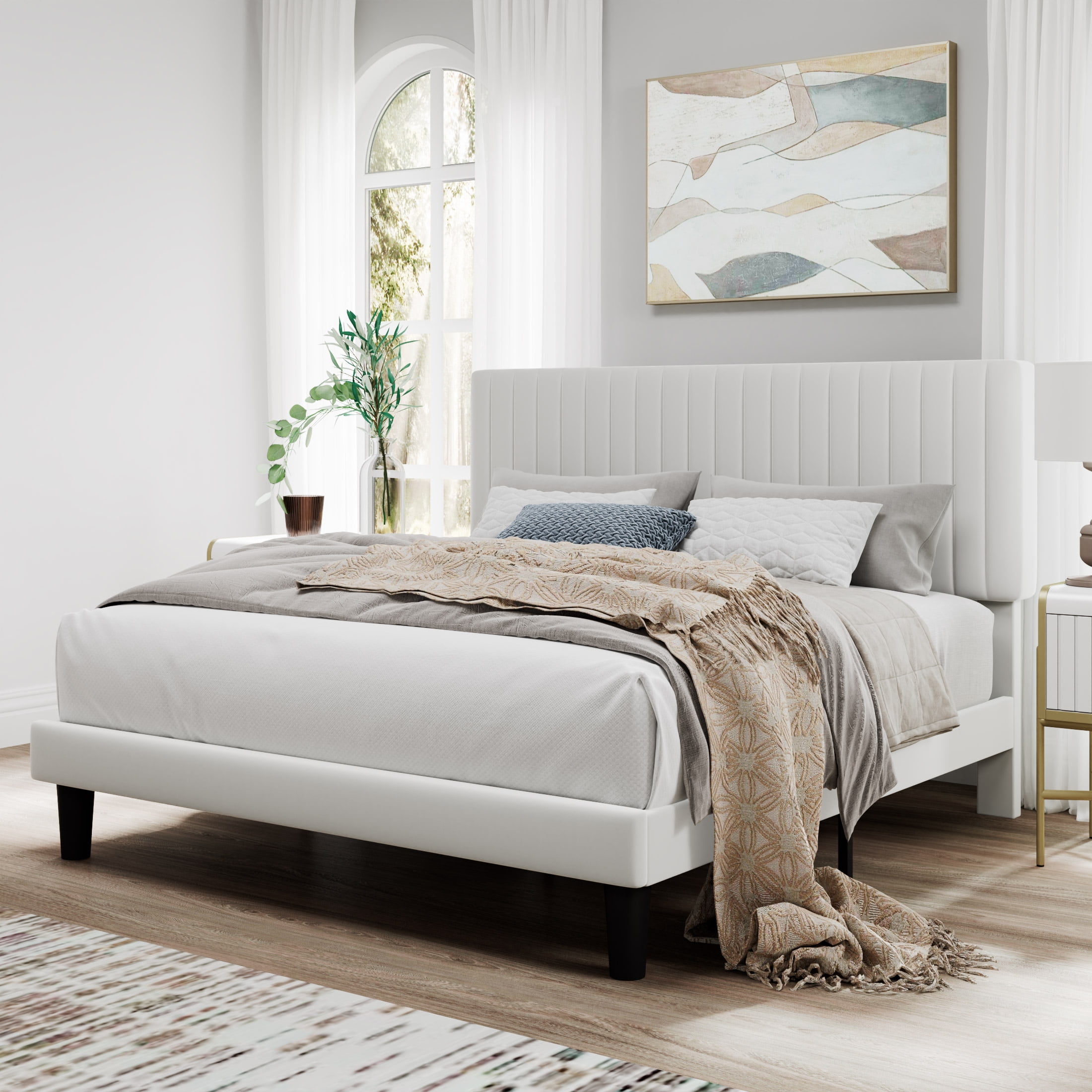 SHA CERLIN White Queen Size Upholstered Platform Bed Frame with Velvet ...