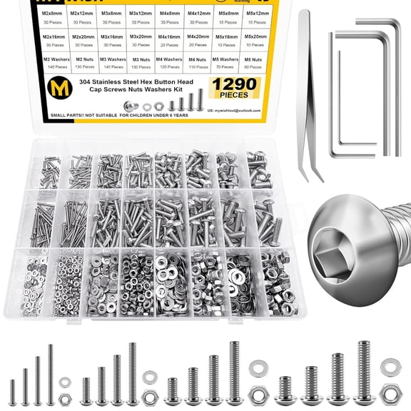 SHAANXIXIAN 1290 Pieces M2 M3 M4 M5 Screw Nuts and Bolts Assortment Kit, Metric Screws 304 Stainless Steel Button Head Socket Cap Metric Screw Assortment with Flat Washers/Nuts/Hex Wrenches 16 Sizes