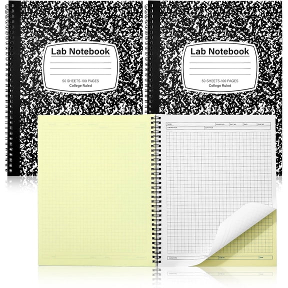 SHAANXIXIAN 2 Pack 8.5 x 11 Inch Lab Notebook Carbonless Carbon Copy Composition Notebooks with Science Grid Set Page Sheets Total Coil Binding for Laboratory Engineering Chemistry Office Supplies