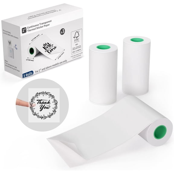 SHAANXIXIAN 2 Transparent Thermal Paper Rolls, 3 Pack Clear Continuous Sticker Paper for Mini Thermal Printer JD-23, Self Adhesive, Waterproof, BPA-Free